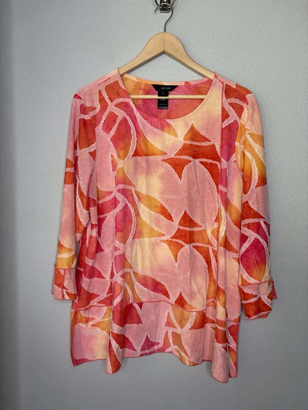 Ali Miles Tunic Top Blouse XL Coral Orange Abstract Print Button Artsy Lagenlook